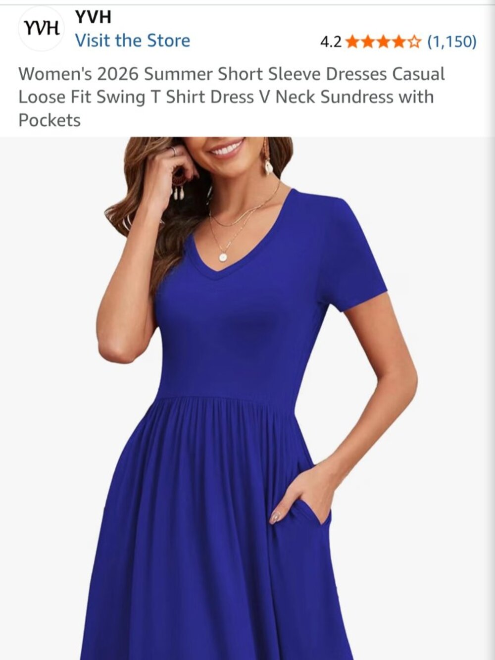 NWOT! YVH Short Sleeve Casual Swing T-Shirt Dress Royal Blue size Medium
